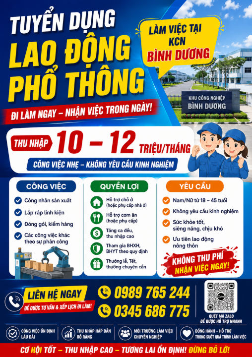 TUYỂN GẤP LAO ĐỘNG PHỔ THÔNG KHU VỰC BÌNH DƯƠNG, BÌNH PHƯỚC